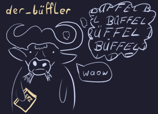 Ein Büffel frisst Gras. Sprechblase: 'waow', Gedanken: 'BÜFFEL BÜFFEL ...'